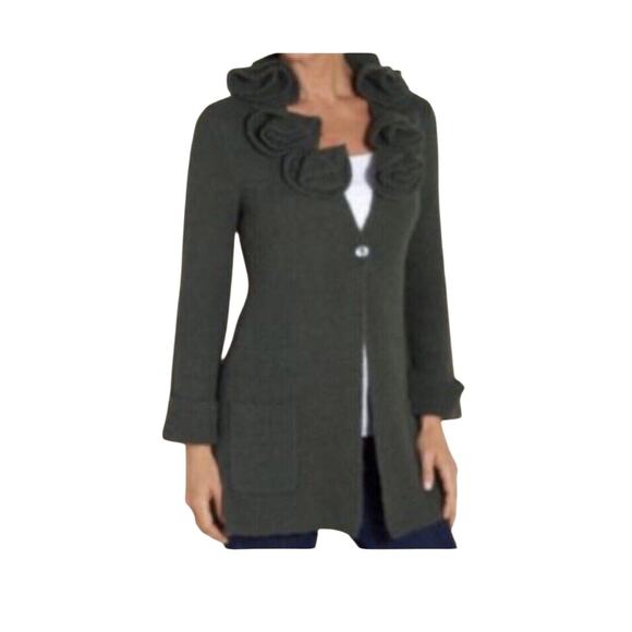 Soft Surroundings Alpaca Wool Blend Ruffle Collar Gray Cardigan, Women's Medium - Picture 2 of 15